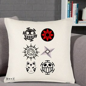 Perna Personalizata Simboluri Anime Mix - Naruto One Piece, 40x40 cm, Crem Reliefat, Husa Detasabila, Perna Inclusa, BEKZ®