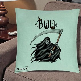 Perna Decorativa Halloween Boo Grim Reaper cu Coasa, 40x40 cm, Verde Menta, Husa Detasabila, Perna Inclusa, BEKZ®