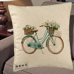 Perna Decorativa Bicicleta Teal cu Cosuri Duble de Flori Vintage, 40x40 cm, Bej, Husa Detasabila, Perna Inclusa, BEKZ®