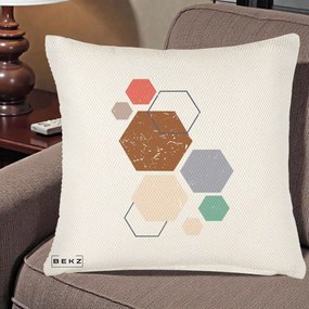 Perna Decorativa Geometric Hexagoane Multicolor, 40x40 cm, Crem Reliefat, Husa Detasabila, Perna Inclusa, BEKZ®