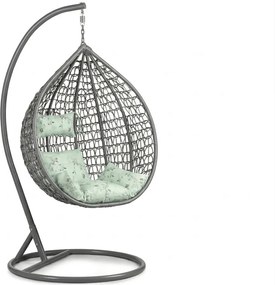 Scaun suspendat KOKON gri cu suport, perna verde deschis cu model