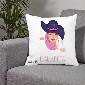 Perna Personalizata Zodiac Balanta Cowgirl, 40x40 cm, Alba Mata, Husa Detasabila, Perna Inclusa, BEKZ®