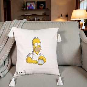 Perna Personalizata Homer Simpson cu Bere, 40x40 cm, Bej cu Franjuri, Husa Detasabila, Perna Inclusa, BEKZ®