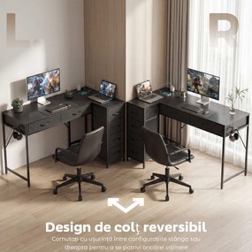 HOMCOM Birou de Colț Reversibil cu Prize și Porturi USB, 126x48 cm Birou în Formă de L cu 6 Sertare din Material Textil, Cârlig Lateral, pentru Computer, Birou, Cameră, Negru | Aosom Romania