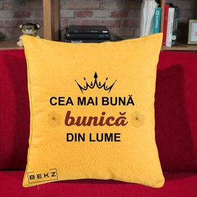 Cadou pentru Bunica - Perna Personalizata Cea Mai Buna Bunica Din Lume Coroana Mov Flori, 40x40 cm, Galben, Husa Detasabila, Perna Inclusa, BEKZ®