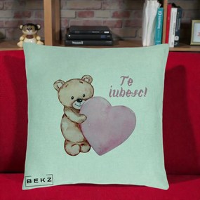 Cadou Romantic - Perna Personalizata Te Iubesc Ursulet cu Inima Roz Acuarela, 40x40 cm, Verde Menta, Husa Detasabila, Perna Inclusa, BEKZ®