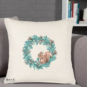Perna Decorativa Coroana Turcoaz cu Veverita, 40x40 cm, Crem Reliefat, Husa Detasabila, Perna Inclusa, BEKZ®