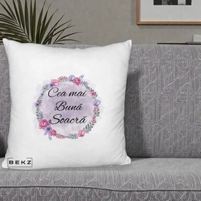 Cadou pentru Soacra - Perna Personalizata Cea mai Buna Soacra cu Coronita Flori Roz si Mov, 40x40 cm, Alb Pufos, Husa Detasabila, Perna Inclusa, BEKZ®