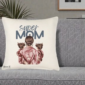 Cadou pentru Mama - Perna Personalizata Super Mom of Girls Mama cu Gemene, 40x40 cm, Crem Reliefat, Husa Detasabila, Perna Inclusa, BEKZ®