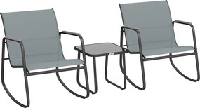 Outsunny Set Bistro din 3 Piese, Set de Grădină cu 2 Scaune de Exterior cu Mișcare de Legănare din Textilenă Respirabilă, Masă cu Blat din Sticlă, Set Masă și Scaune din Oțel pentru Terasă și Balcon, Gri | Aosom Romania