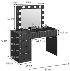 SEN22 - Set Masa Neagra toaleta cu riflaje, 120 cm, cosmetica, masuta machiaj, oglinda cu LED, cu sau fara scaun