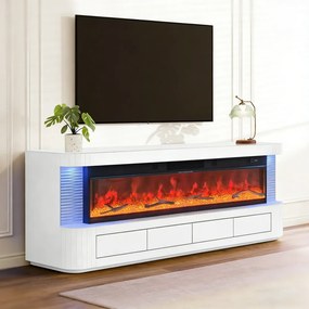 Șemineu Electric cu Flacără LED în 7 Culori, Comodă TV, Bluetooth, Difuzoare Integrate, Iluminare LED Ambientală, Telecomandă, MDF, Finisaj Alb Oglindă