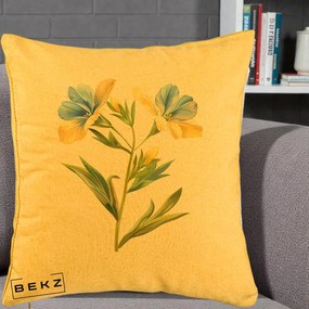 Perna Decorativa Botanica Frezie Galbena si Albastra, 40x40 cm, Galben, Husa Detasabila, Perna Inclusa, BEKZ®