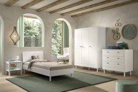 Set Complet Mobilier Camera Copii Forrest Beech, Pat 90x200 cm, Dulap cu 3 Uși, Noptieră și Comodă, din Lemn de Fag Lăcuit Alb – Vipack