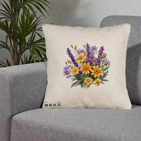 Perna Decorativa Lavanda cu Margarete Galbene si Lila, 40x40 cm, Bej Canapea, Husa Detasabila, Perna Inclusa, BEKZ®