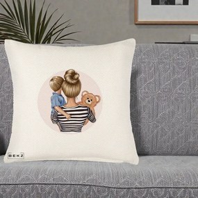 Cadou pentru Mama - Perna Personalizata Mama si Baietelul cu Ursulet, 40x40 cm, Crem Reliefat, Husa Detasabila, Perna Inclusa, BEKZ®