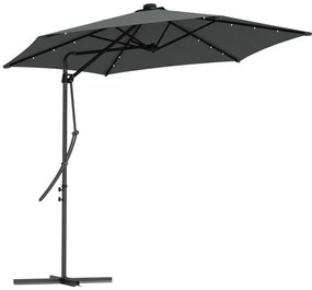 Outsunny Umbrelă Excentrică de 3 m cu Lumini LED cu Manivelă și Bază în Cruce pentru Exterior Patio Terasă Gri Închis | Aosom Romania