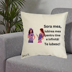 Cadou pentru Sora - Perna Personalizata Sora Mea Te Iubesc Doua Fete cu Telefoane, 40x40 cm, Ecru, Husa Detasabila, Perna Inclusa, BEKZ®