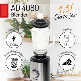 Blender Mesko MS 4080, 1200 W, 1,5 l, 21 000 rpm, 6 lame, 2 viteze + funcție puls, capac cu orificiu, inox/negru
