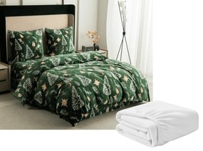 Set lenjerie cocolino GREEN CHRISTMAS verde + cearsaf Cocolino microplus cu elastic SOFT 180x200 cm alb, pat dublu