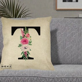 Cadou Personalizat - Perna Personalizata Monograma Florala Litera T, 40x40 cm, Crem, Husa Detasabila, Perna Inclusa, BEKZ®
