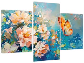 Tablou - Fluture și flori, pictură în ulei II. (90x60 cm)