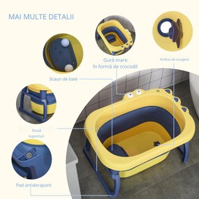HOMCOM Cădiță de Baie Pliantă pentru Copii de 0-6 Ani, din Plastic Antiderapant, 75,3x55,4x43 cm, Galben | Aosom Romania