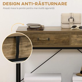 Masă Consolă Vintage HOMCOM din Metal și Lemn, Design Elegant cu 2 Sertare și Raft, Maro, pentru Living, Sufragerie | Aosom Romania
