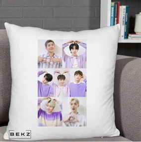 Perna Personalizata K-pop BTS Colaj 7 Portrete cu Inimi Lila, 40x40 cm, Alb Pufos, Husa Detasabila, Perna Inclusa, BEKZ®