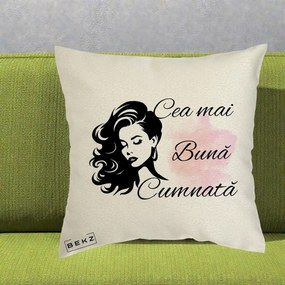 Cadou pentru Cumnata - Perna Personalizata Cea mai Buna Cumnata cu Silueta Dama si Pete Roz, 40x40 cm, Ecru, Husa Detasabila, Perna Inclusa, BEKZ®