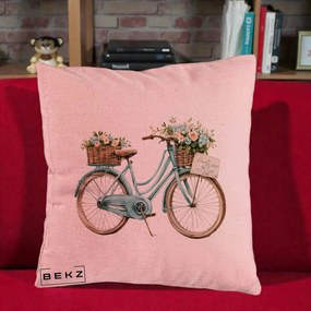 Perna Decorativa Bicicleta Teal cu Cosuri Duble de Flori Vintage, 40x40 cm, Roz, Husa Detasabila, Perna Inclusa, BEKZ®