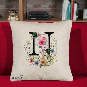 Cadou Personalizat - Perna Personalizata Monogram Litera N cu Flori Acuarela, 40x40 cm, Bej Canapea, Husa Detasabila, Perna Inclusa, BEKZ®