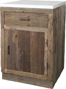 Insulă de bucătărie modulară din lemn reciclat, natur, cu blat din marmură albă, 1 sertar și 1 ușă, 97 x 60 x 60 cm, „Grimaud”