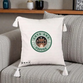 Perna Personalizata Cats and Coffee Starbucks, 40x40 cm, Bej cu Franjuri, Husa Detasabila, Perna Inclusa, BEKZ®