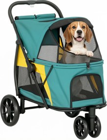 PawHut Cărucior pentru câini pliabil Cărucior pentru câini până la 20 kg cu pernă, ferestre din plasă, buzunar spate, 92 x 63 x 95 cm Verde închis | Aosom Romania