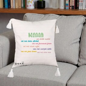 Cadou pentru Mama - Perna Personalizata Mama Cel Dintai Cuvant cu Text Colorat Multicolor, 40x40 cm, Bej cu Franjuri, Husa Detasabila, Perna Inclusa, BEKZ®