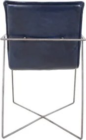Scaun dining cu brațe tapițat eclectic din piele naturală și metal, albastru, cu cusături în canale și bază în X, 87 x 60 x 53 cm, „Saint-Tropez”