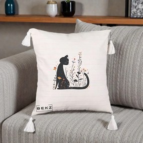 Perna Decorativa Pisica Neagra Flori Portocalii Silueta, 40x40 cm, Bej cu Franjuri, Husa Detasabila, Perna Inclusa, BEKZ®