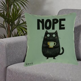Perna Decorativa NOPE Pisica Neagra Cafea, 40x40 cm, Verde, Husa Detasabila, Perna Inclusa, BEKZ®