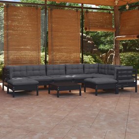 3096717 vidaXL Set mobilier de grădină cu perne 10 piese negru lemn masiv pin