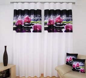 Draperie albă de lux cu un model negru de orhidee roz Lăţime: 160 cm | Lungime: 250 cm (într-un set de 2 bucăți)