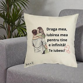 Cadou pentru Iubita - Perna Personalizata Draga Mea Iubirea Mea Infinita Te Iubesc cu Cuplu Acuarela, 40x40 cm, Ecru, Husa Detasabila, Perna Inclusa, BEKZ®