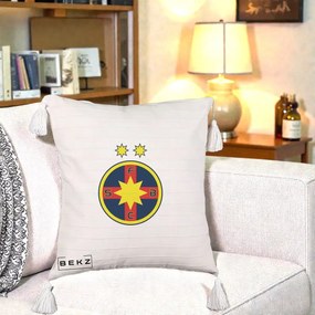 Perna Personalizata FCSB Fotbal Club Steaua Bucuresti, 40x40 cm, Bej cu Franjuri, Husa Detasabila, Perna Inclusa, BEKZ®