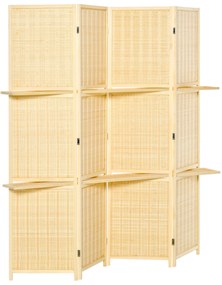 HOMCOM Separator de cameră din bambus, cu 2 rafturi, pliabil, picioare, natur | Aosom Romania