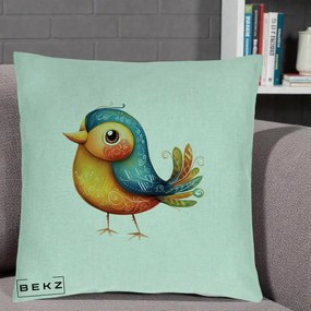 Perna Decorativa Pasare Folk Art Portocalie-Teal, 40x40 cm, Verde Menta, Husa Detasabila, Perna Inclusa, BEKZ®