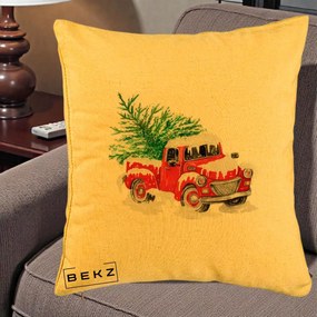 Perna Decorativa Camioneta Rosie Brad de Craciun, 40x40 cm, Galben, Husa Detasabila, Perna Inclusa, BEKZ®