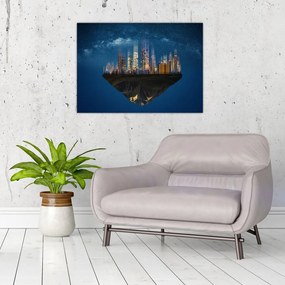 Tablou pe sticlă - Metropola plutind în spațiu (70x50 cm)