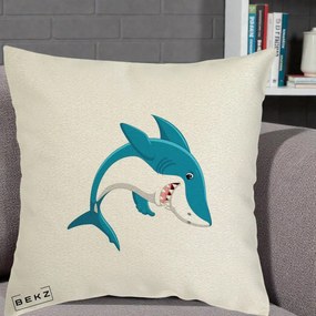 Perna Decorativa Rechin Albastru Cartoon, 40x40 cm, Ecru, Husa Detasabila, Perna Inclusa, BEKZ®