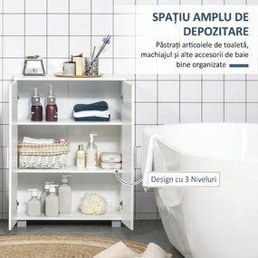 kleankin Dulap de Baie Modern cu 2 Uși, 2 Rafturi Reglabile și Mânere Argintii, 60x30x80 cm, Alb | Aosom Romania
