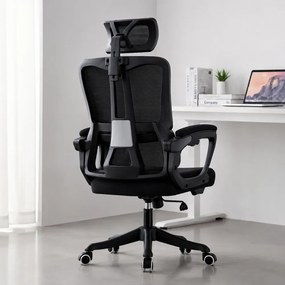 Scaun ergonomic cu suport lombar, tetieră reglabilă, suport pentru picioare, pivotant, Mesh, Negru